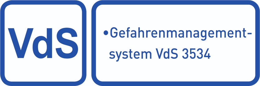 Logo VdS Zertifizierung 3534 Gefahrenmanagementsystem